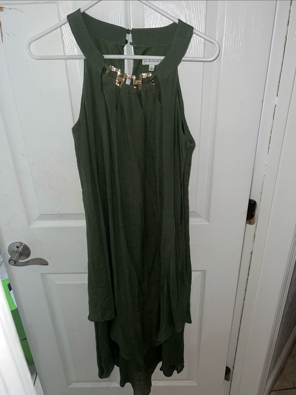 Luxology Olive Green Sleeveless High-Low Dress with Gold Neck Detail size small